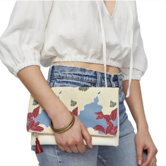 Rachel Pally Leather Trimmed Fold-over Clutch Cream Floral Pattern NWOT - Picture 11 of 14